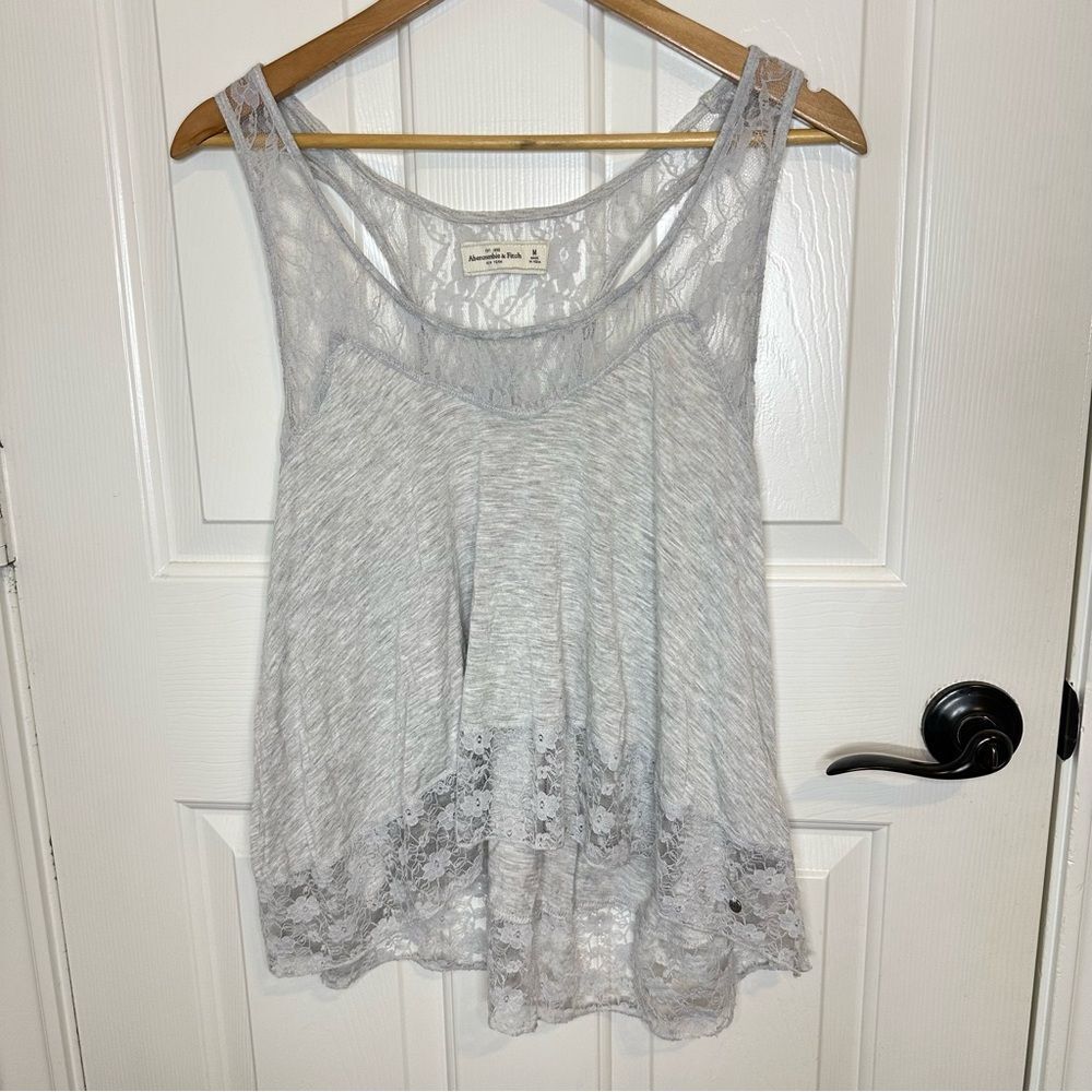 Y2K Abercrombie & Fitch Light Grey Babydoll Lace Racerback Tank Blouse Sz M Boho